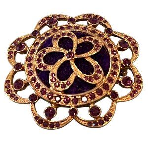 Monet Gold Tone Round Flower Style Purple Rhinestone Brooch Missing Pin